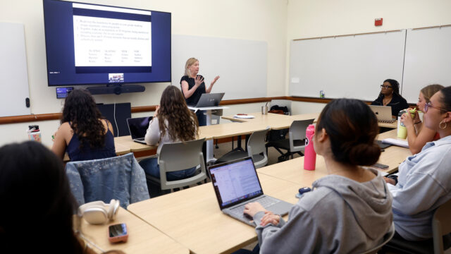 Northeastern Oakland students discuss writing creatively in the AI age in Juliana Saphr’s class held in Education 106 on Thursday, Feb. 5, 2026. Photo by Lachlan Cunningham for Northeastern University
