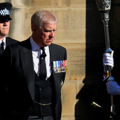 Prince Andrew leaves St. Giles Cathedral after the arrival of the coffin containing the remains of his mother Queen Elizabeth, in Edinburgh, Scotland, Sept. 12, 2022. (AP Photo/Petr David Josek, File)