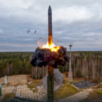 FILE - In this photo taken from video released by Russian Defense Ministry Press Service on Oct. 26, 2022, a Yars intercontinental ballistic missile is test-fired as part of Russia's nuclear drills from a launch site in Plesetsk, northwestern Russia. (Russian Defense Ministry Press Service via AP, File)