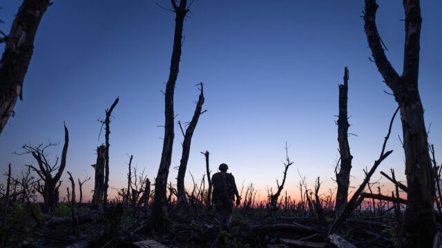 Ukrainian servicemen walk through a charred forest along the front line, a few kilometers from Andriivka, Donetsk region, Ukraine, Saturday, Sept. 16, 2023. (AP Photo/Mstyslav Chernov, File)