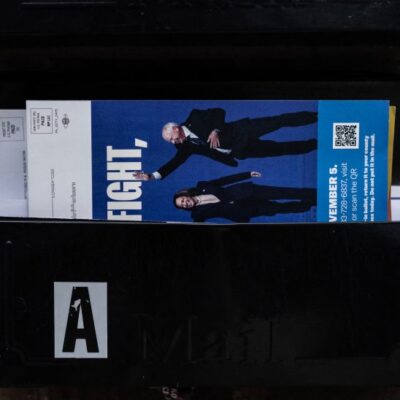 A Kamala Harris campaign pamphlet is seen in a mail box two days before election day in Philadelphia, Pennsylvania on November 3, 2024. (Photo by ANDREW CABALLERO-REYNOLDS / AFP)
