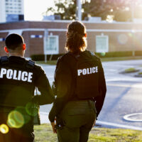 Rear view of two multiracial police officers patrolling a community on foot. They are standing at a street corner looking toward an empty intersection. The policewoman is mixed race, African-American, Asian and Hispanic, in her 40s. Her partner is a young Hispanic man in his 20s.