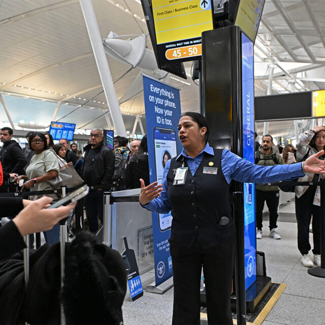 Photo by: zz/Andrea Renault/STAR MAX/IPx 2026 3/23/26 Atmosphere on March 23, 2026 at John F. Kennedy (JFK) International Airport in Queens, New York City as U.S. Immigration and Customs Enforcement (ICE) agents have been deployed to 14 United States airports today to assist and relieve beleaguered Transportation Security Administration agents during the Department of Homeland Security shutdown. The TSA has faced growing callouts from officers who have gone without pay since DHS funding lapsed in February. The lines for departing travelers are very long while agents, officers and airport personnel coordinate and facilitate the mandates and measures for travel security. (NYC)