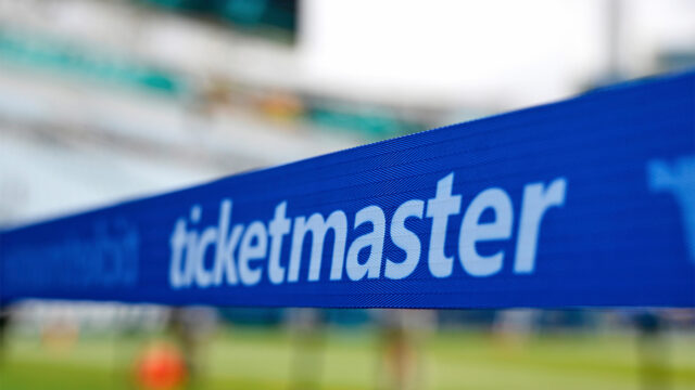 The Ticketmaster logo is seen along the sideline of the field before an NFL football game, Sept. 15, 2024, in Jacksonville, Fla. (AP Photo/Phelan M. Ebenhack, File)