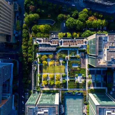 Sustainable green rooftop architecture in eco-friendly modern urban cityscape