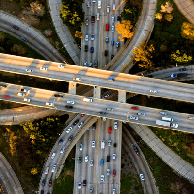 Helicopter Aerial View of the famous Los Angeles Four Level freeway interchange