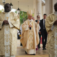 Pope Leo XIV arrives to celebrate the Holy mass at the Basilica of the Immaculate Conception of Mongomo, Equatorial Guinea, Wednesday, April 22, 2026, on the tenth day of his 11-day pastoral visit to Africa. (AP Photo/Andrew Medichini)