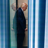 President Donald Trump departs after speaking with reporters in the James Brady Press Briefing Room at the White House, Monday, April 6, 2026, in Washington. (AP Photo/Alex Brandon)