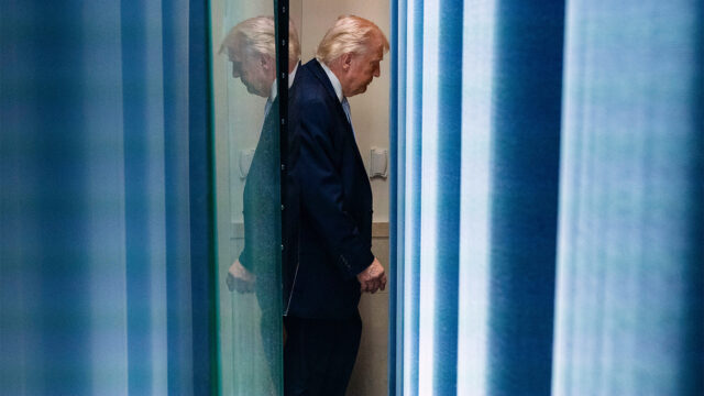 President Donald Trump departs after speaking with reporters in the James Brady Press Briefing Room at the White House, Monday, April 6, 2026, in Washington. (AP Photo/Alex Brandon)