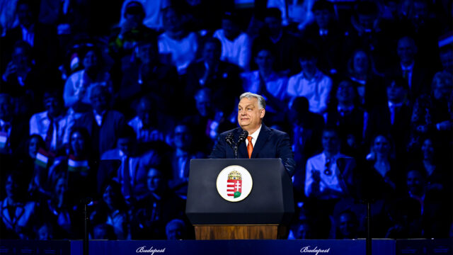 Hungary's Prime Minister Viktor Orban speaks during a pre-election rally in Budapest, Hungary, Tuesday, April 7, 2026. (AP Photo/Denes Erdos)