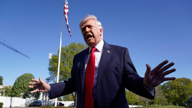 President Donald Trump talks to the media on the South Lawn before departing on Marine One at the White House, Saturday, April 11, 2026, in Washington. (AP Photo/Jose Luis Magana)