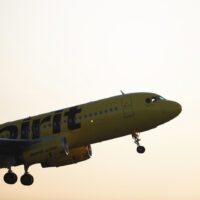 A Spirit Airlines plane is departing from George Bush Intercontinental Airport in Houston, Texas, on April 12, 2024. (Photo by Reginald Mathalone/NurPhoto via AP)