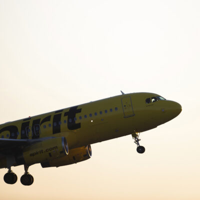 A Spirit Airlines plane is departing from George Bush Intercontinental Airport in Houston, Texas, on April 12, 2024. (Photo by Reginald Mathalone/NurPhoto via AP)