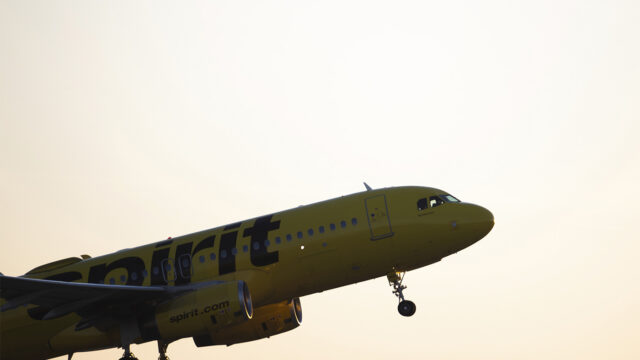 A Spirit Airlines plane is departing from George Bush Intercontinental Airport in Houston, Texas, on April 12, 2024. (Photo by Reginald Mathalone/NurPhoto via AP)