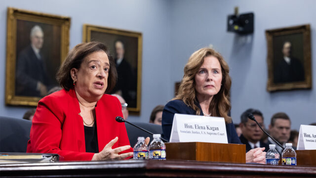 Supreme Court Associate Justices Elena Kagan and Amy Coney Barrett testify on the court's FY 2027 budget request before the House Appropriations Subcommittee on Financial Services and General Government on Capitol Hill on July 14, 2026. (Francis Chung/POLITICO via AP Images)