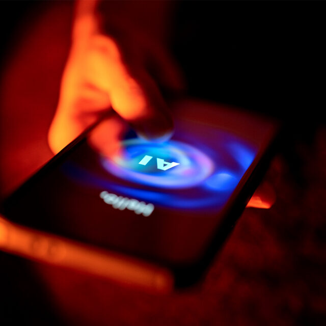 A hand interacts with an AI chatbot on a smartphone screen, glowing under dramatic red and blue lighting in a dark environment.