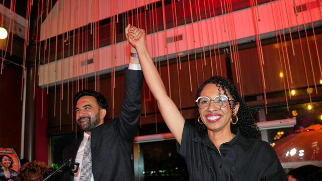 New York City Mayor Zohran Mamdani celebrates with Democratic congressional candidate Darializa Avila Chevalier during an election night watch party Tuesday, June 23, 2026, in New York. (AP Photo/Seth Wenig)