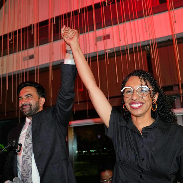 New York City Mayor Zohran Mamdani celebrates with Democratic congressional candidate Darializa Avila Chevalier during an election night watch party Tuesday, June 23, 2026, in New York. (AP Photo/Seth Wenig)