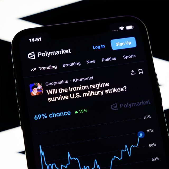 A betting page on the potential fall of the Iranian regime by June 30 appears on the Polymarket platform on a smartphone in Creteil, France, on March 9, 2026, during a massive insider trading scandal involving bets on the recent military strikes in Iran. (Photo by Samuel Boivin/NurPhoto via AP)