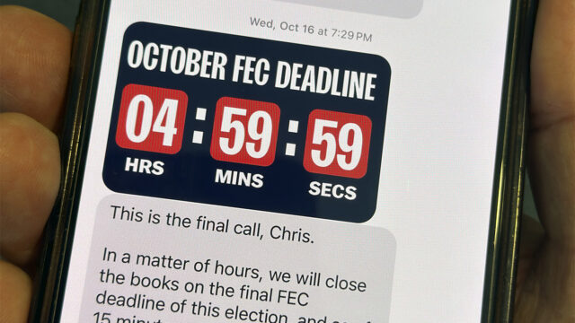 A text is viewed on a mobile device Wednesday, Oct. 30, 2024, in Washington, as across the U.S., people's phones are pinging with text messages from Donald Trump, Kamala Harris and their allies in the presidential campaign's final days. (AP Photo/Jon Elswick)