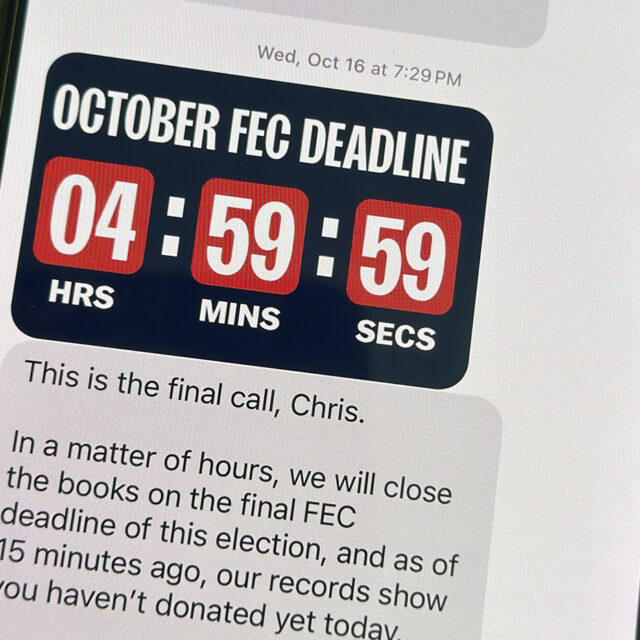 A text is viewed on a mobile device Wednesday, Oct. 30, 2024, in Washington, as across the U.S., people's phones are pinging with text messages from Donald Trump, Kamala Harris and their allies in the presidential campaign's final days. (AP Photo/Jon Elswick)
