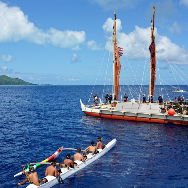 BORA BORA, FRENCH POLYNESIA - AUGUST 09: Welcome ceremony for the traditional Polynesian double-hulled canoes Hokule'a - a motorless canoe - and Hikianalia - a support canoe on their final stop in French Polynesia as part of the Moananuiākea voyage on August 09, 2025 in Bora Bora, French Polynesia. (Photo by Sylvain Lefevre/Getty Images)