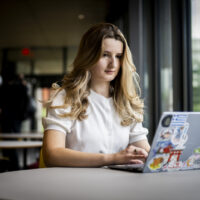 09/09/26 - BOSTON, MA. - Leonie Ruehe, who studies political science and international affairs, poses for a photo on Sept. 9, 2026. Ruehe recently completed their co-op at a think tank in Greece. Photo by Matthew Modoono/Northeastern University