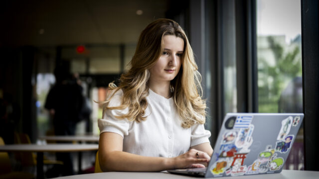 09/09/26 - BOSTON, MA. - Leonie Ruehe, who studies political science and international affairs, poses for a photo on Sept. 9, 2026. Ruehe recently completed their co-op at a think tank in Greece. Photo by Matthew Modoono/Northeastern University