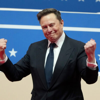 FILE - Elon Musk arrives to speak at an indoor Presidential Inauguration parade event in Washington, Jan. 20, 2025. (AP Photo/Matt Rourke, File)