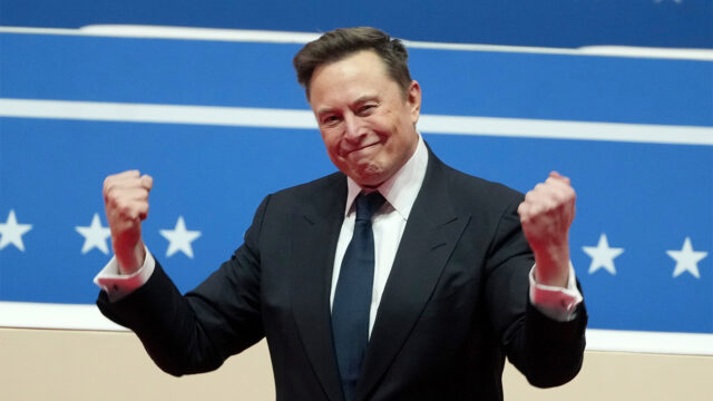 FILE - Elon Musk arrives to speak at an indoor Presidential Inauguration parade event in Washington, Jan. 20, 2025. (AP Photo/Matt Rourke, File)